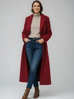 Manteau long droit en laine à simple boutonnage et revers cranté classique collection femme 2026