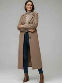 Manteau long droit en laine à simple boutonnage et revers cranté classique collection femme 2026