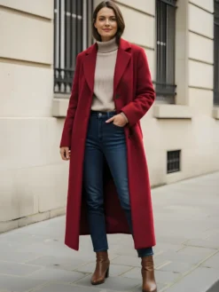 Manteau long droit en laine à simple boutonnage et revers cranté classique collection femme 2026