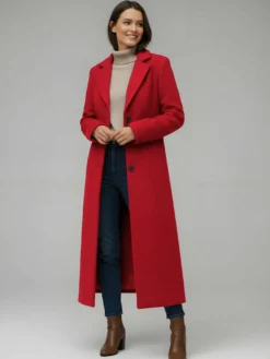 Manteau long droit en laine à simple boutonnage et revers cranté classique collection femme 2026