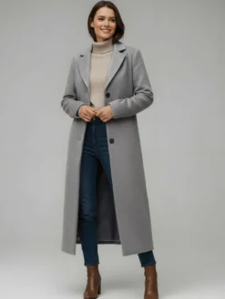 Manteau long droit en laine à simple boutonnage et revers cranté classique collection femme 2026