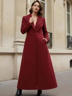 Manteau long en laine à col châle coupe trapèze et col en V pour femme 2026