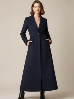 Manteau long en laine à col châle coupe trapèze et col en V pour femme 2026