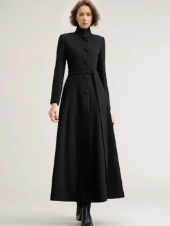 Manteau long en mélange de laine noir avec ceinture et col montant pour femme vêtement d'extérieur d'hiver long pour femme 2026