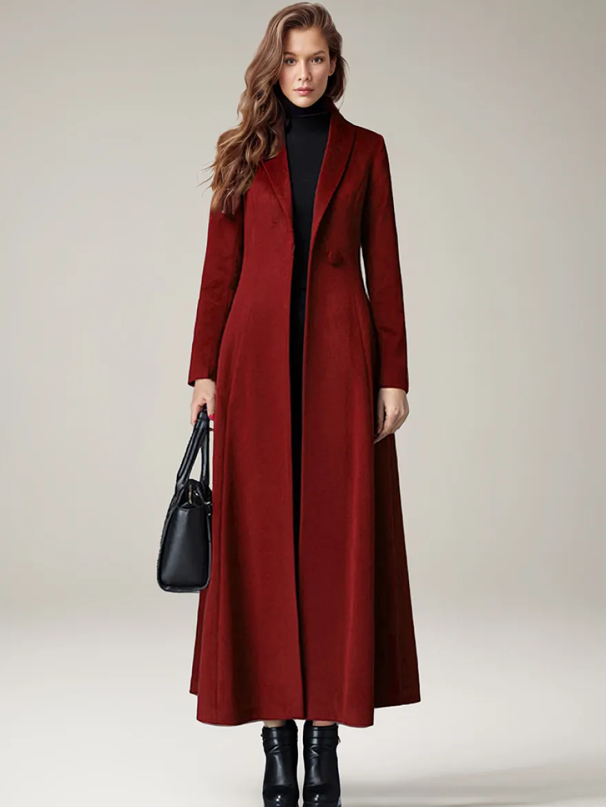 Manteau Long Femme D'hiver Pour Femme Col Rabattu Classique Bordeaux