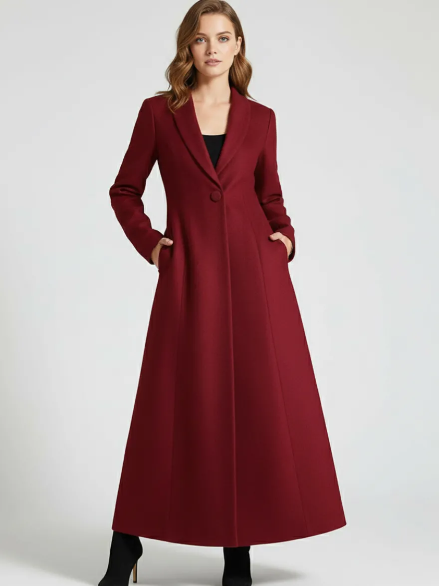 Manteau Long Femme D'hiver Pour Femme Col Rabattu Classique Bordeaux