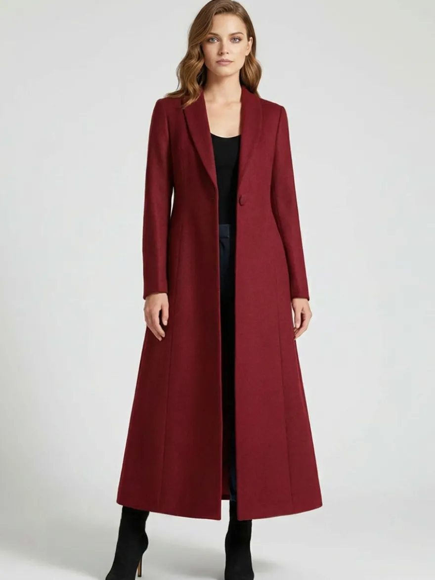 Manteau Long Femme D'hiver Pour Femme Col Rabattu Classique Bordeaux
