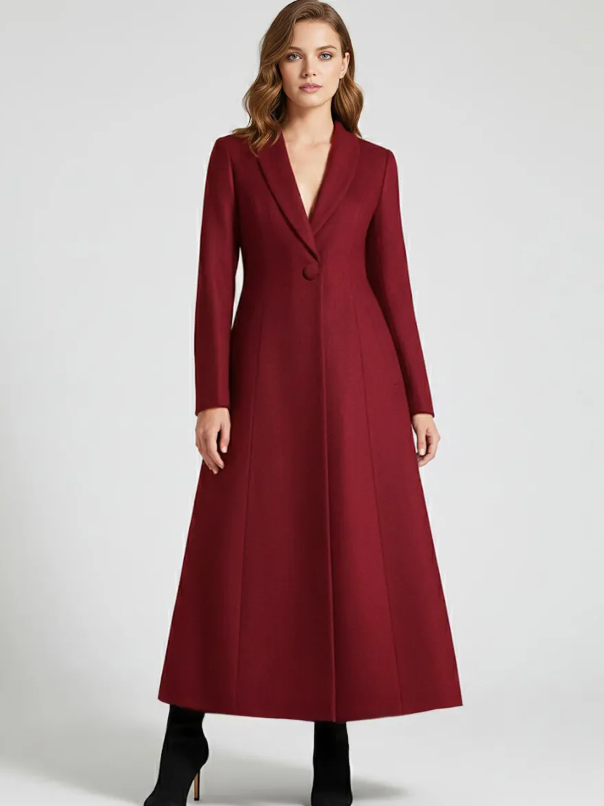 Manteau Long Femme D'hiver Pour Femme Col Rabattu Classique Bordeaux