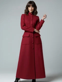Manteau long maxi en laine avec col montant et poches à rabat pour femme 2026