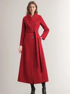 Manteau long pour femme avec ceinture rouge et col large vêtement d'extérieur chaud pour l'hiver 2026