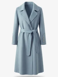 Manteau long pour femme 100% laine double face ceinture col croisé revers cranté style trench-coat.