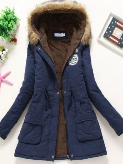 Manteau Matelassé Femme à Capuche avec Manches Longues à Zip avec Poches Coupe Cintrée à Lacets Bicolores Manteau Femme