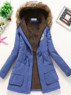 Manteau Matelassé Femme à Capuche avec Manches Longues à Zip avec Poches Coupe Cintrée à Lacets Bicolores Manteau Femme