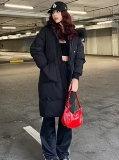 Manteau Matelassé Long Femme Comme Doudoune à Capuche avec Manches Longues à Zip avec Poches Unicolore Manteau Femme