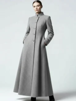 Manteau maxi trapèze en laine mélangée avec col montant pour femme 2026