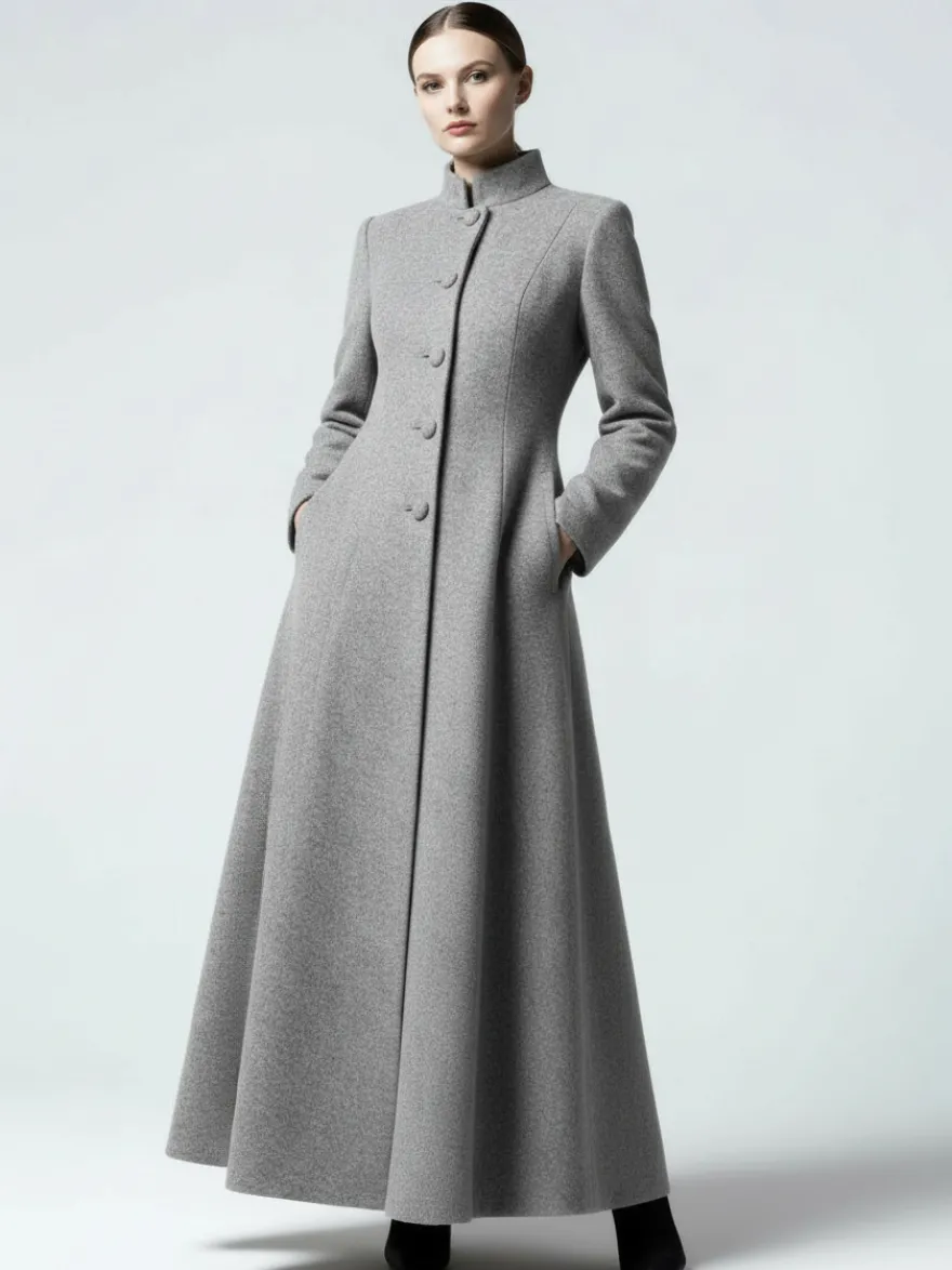 Manteau maxi trapèze en laine mélangée avec col montant pour femme 2026