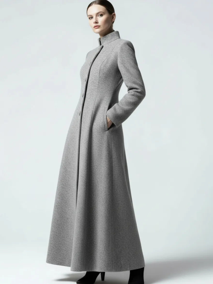 Manteau maxi trapèze en laine mélangée avec col montant pour femme 2026