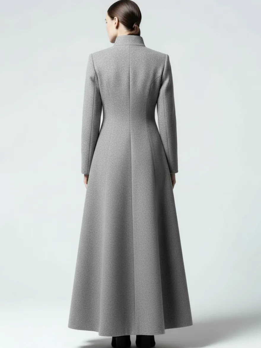 Manteau maxi trapèze en laine mélangée avec col montant pour femme 2026