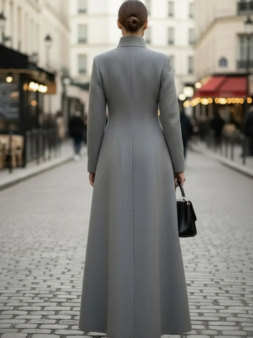 Manteau maxi trapèze en laine mélangée avec col montant pour femme 2026