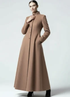 Manteau maxi trapèze en laine mélangée avec col montant pour femme 2026