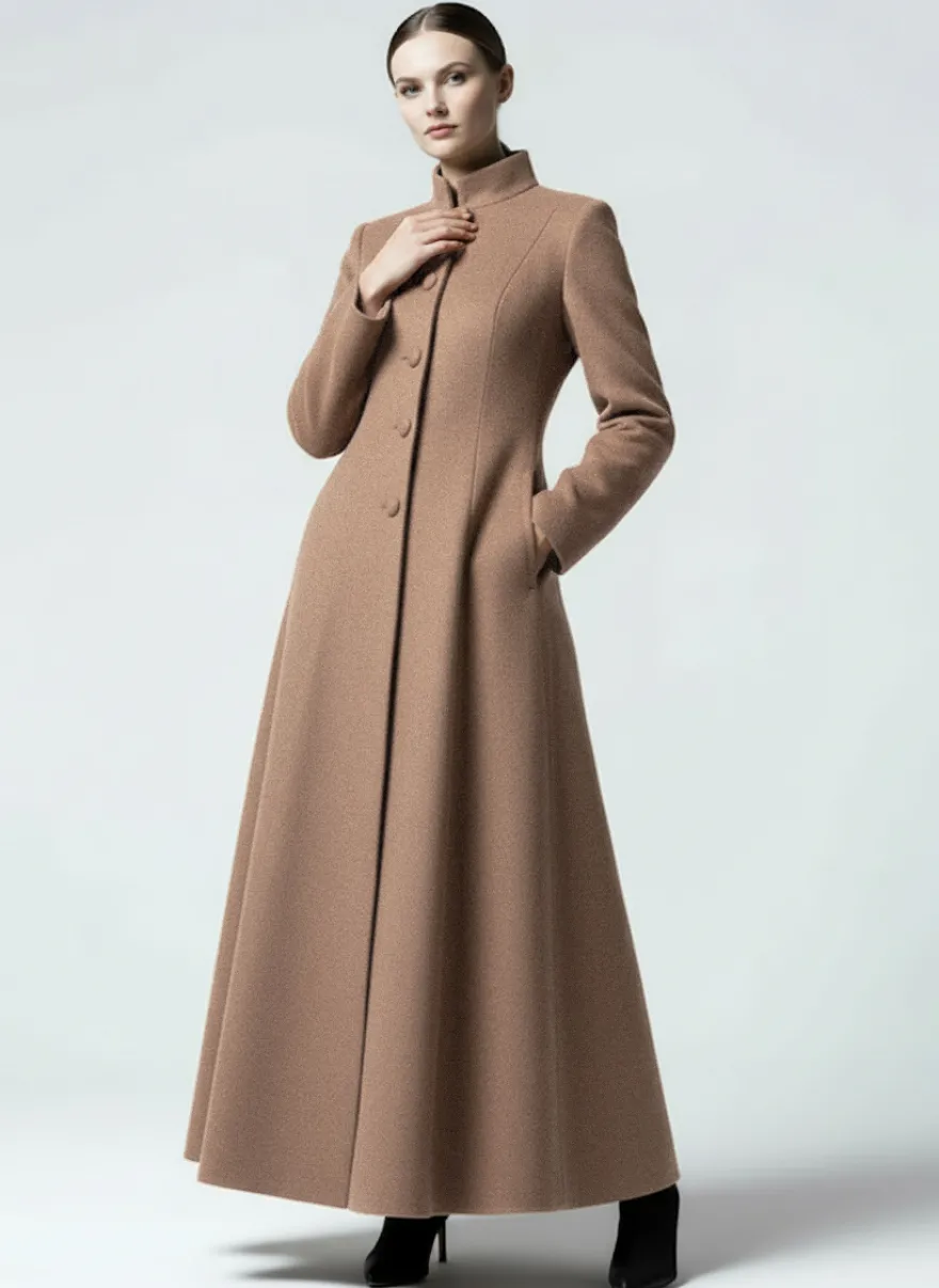 Manteau maxi trapèze en laine mélangée avec col montant pour femme 2026