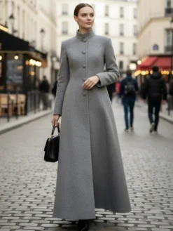 Manteau maxi trapèze en laine mélangée avec col montant pour femme 2026