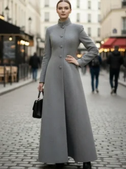 Manteau maxi trapèze en laine mélangée avec col montant pour femme 2026