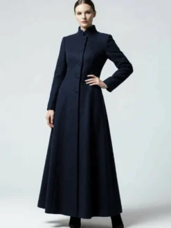 Manteau maxi trapèze en laine mélangée avec col montant pour femme 2026
