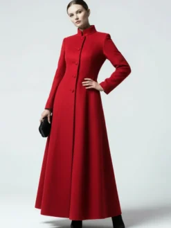 Manteau maxi trapèze en laine mélangée avec col montant pour femme 2026