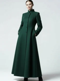 Manteau maxi trapèze en laine mélangée avec col montant pour femme 2026