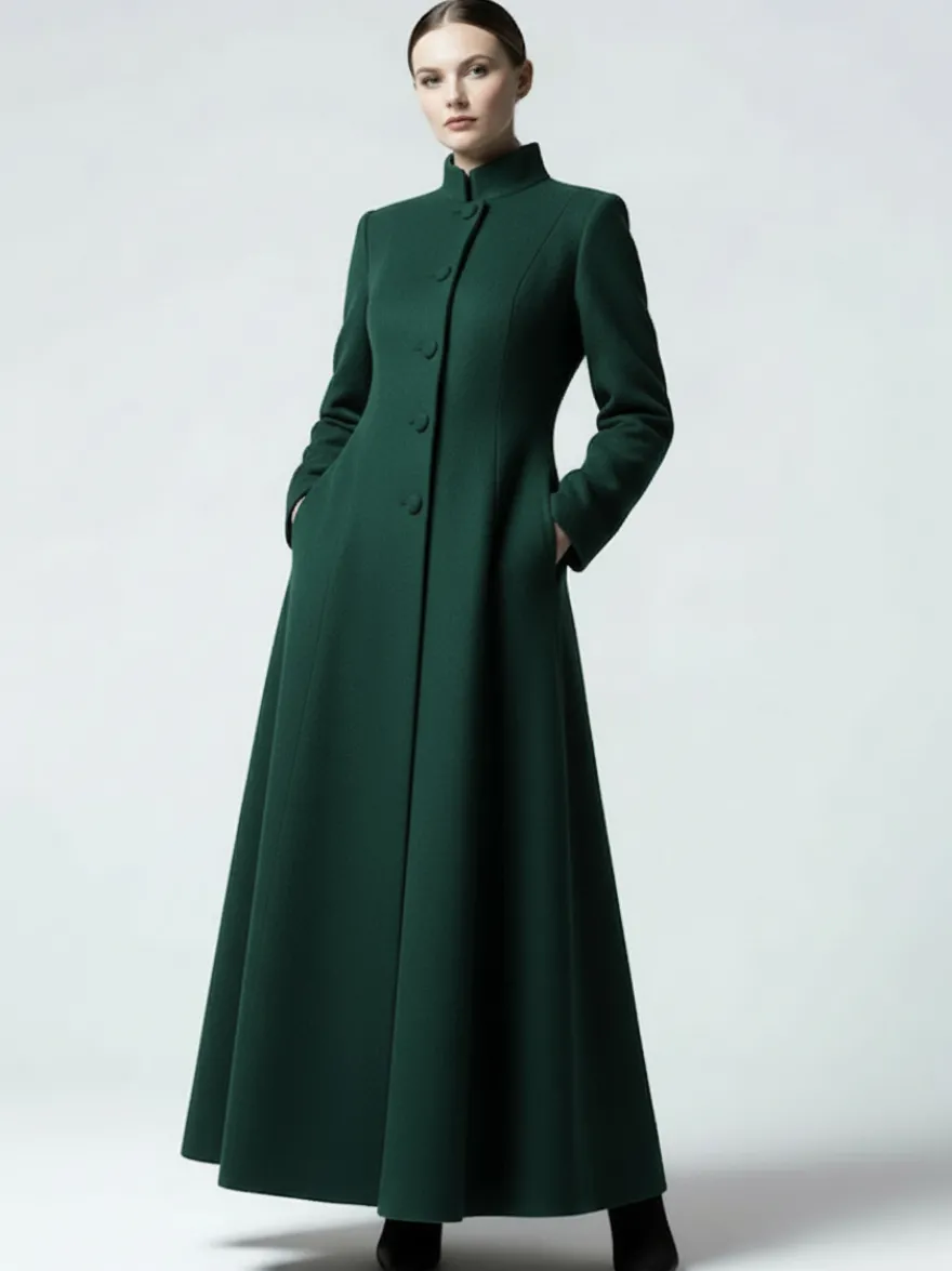 Manteau maxi trapèze en laine mélangée avec col montant pour femme 2026