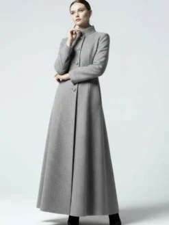 Manteau maxi trapèze en laine mélangée avec col montant pour femme 2026