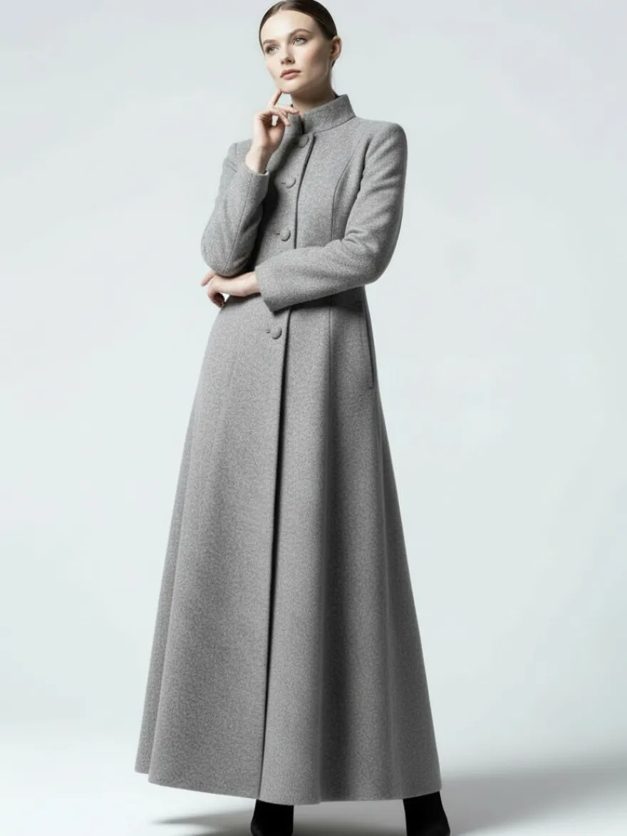 Manteau maxi trapèze en laine mélangée avec col montant pour femme 2026
