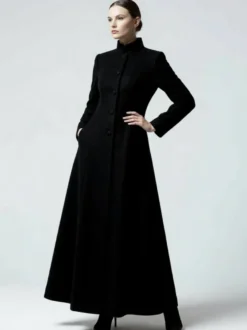 Manteau maxi trapèze en laine mélangée avec col montant pour femme 2026