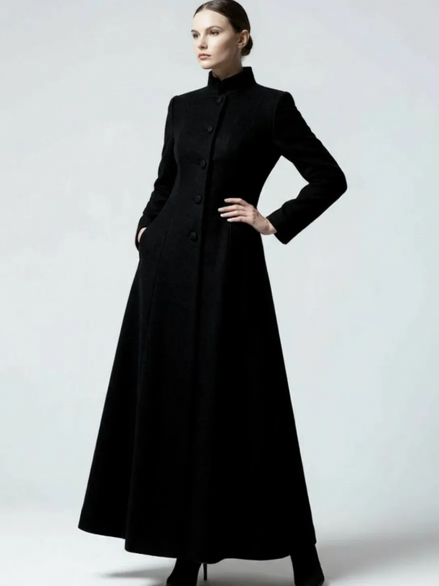 Manteau maxi trapèze en laine mélangée avec col montant pour femme 2026