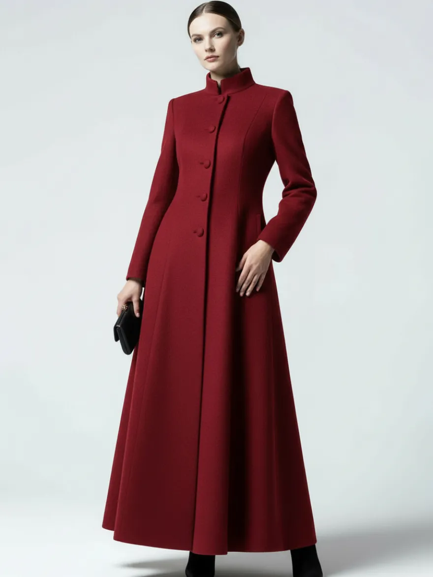 Manteau maxi trapèze en laine mélangée avec col montant pour femme 2026