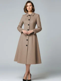 Manteau mi-long en laine coupe trapèze col chemise collection femme 2026