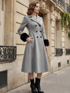 Manteau mi-long évasé croisé en laine mélangée avec poignets en fausse fourrure noire pour femme 2026