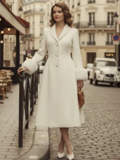 Manteau mi-long évasé en laine coupe trapèze vintage avec poignets amovibles en fausse fourrure blanche (collection 2026)