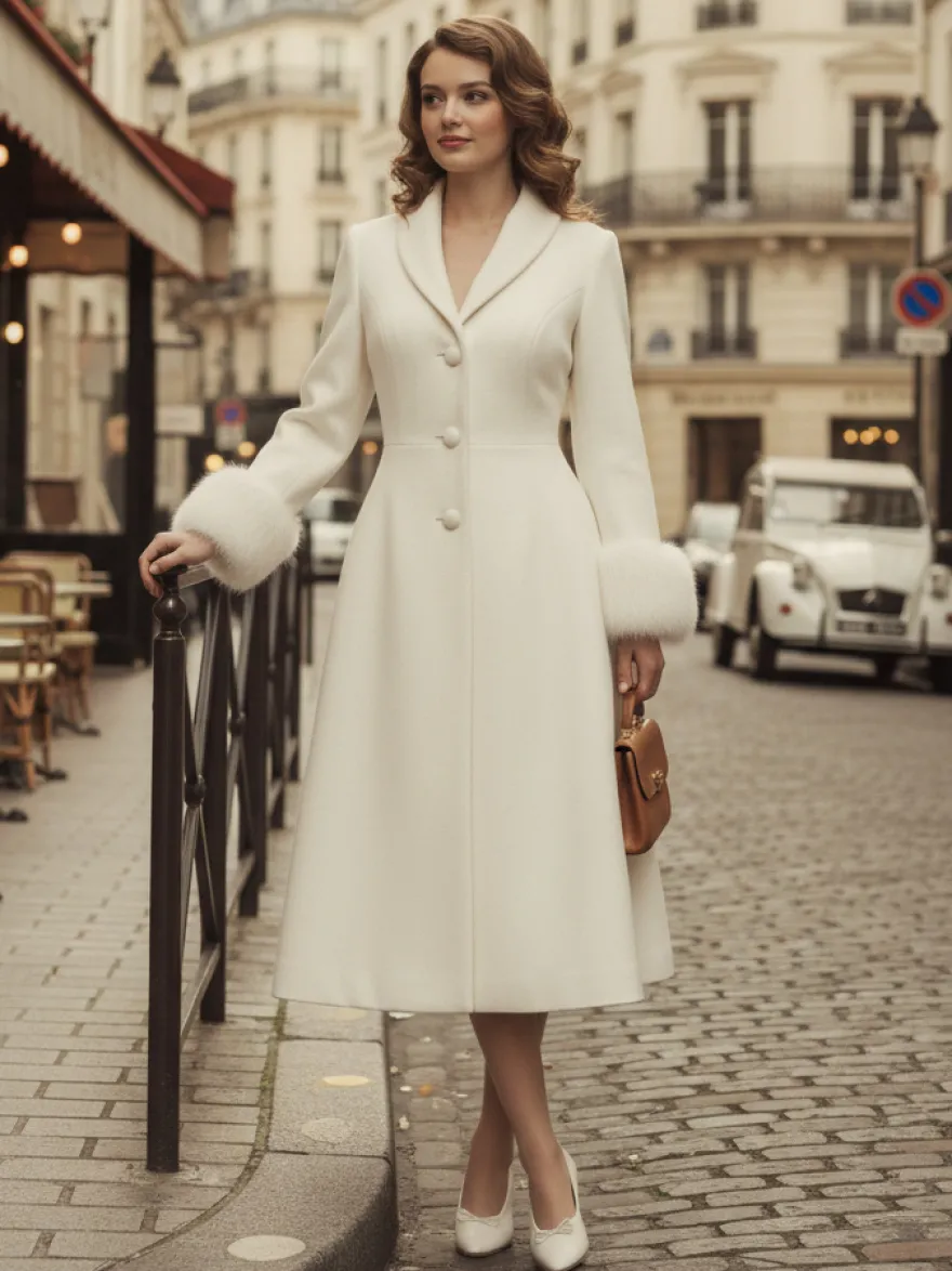 Manteau mi-long évasé en laine coupe trapèze vintage avec poignets amovibles en fausse fourrure blanche (collection 2026)