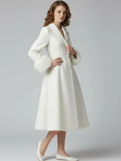 Manteau mi-long évasé en laine coupe trapèze vintage avec poignets amovibles en fausse fourrure blanche (collection 2026)