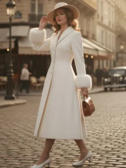 Manteau mi-long évasé en laine coupe trapèze vintage avec poignets amovibles en fausse fourrure blanche (collection 2026)