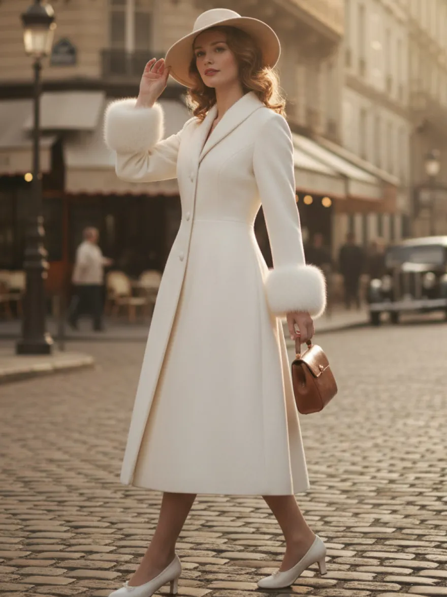 Manteau mi-long évasé en laine coupe trapèze vintage avec poignets amovibles en fausse fourrure blanche (collection 2026)