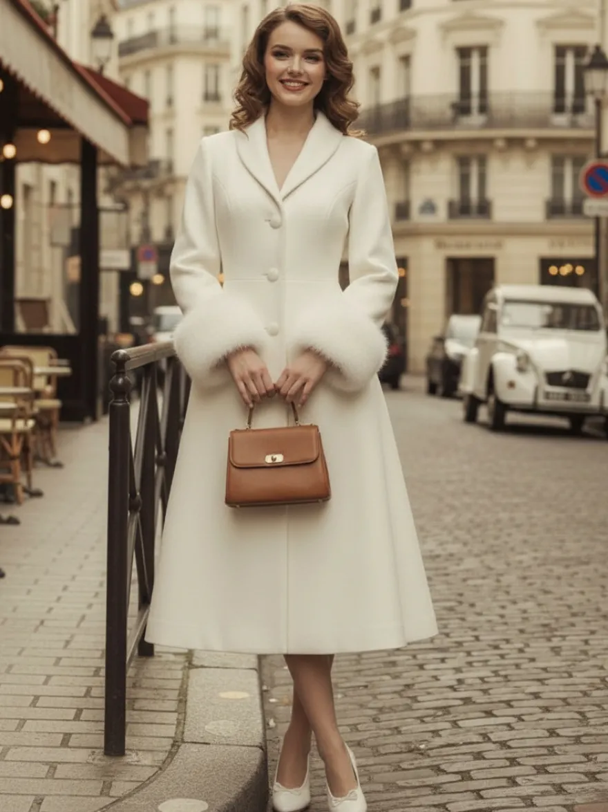 Manteau mi-long évasé en laine coupe trapèze vintage avec poignets amovibles en fausse fourrure blanche (collection 2026)