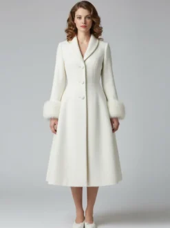 Manteau mi-long évasé en laine coupe trapèze vintage avec poignets amovibles en fausse fourrure blanche (collection 2026)