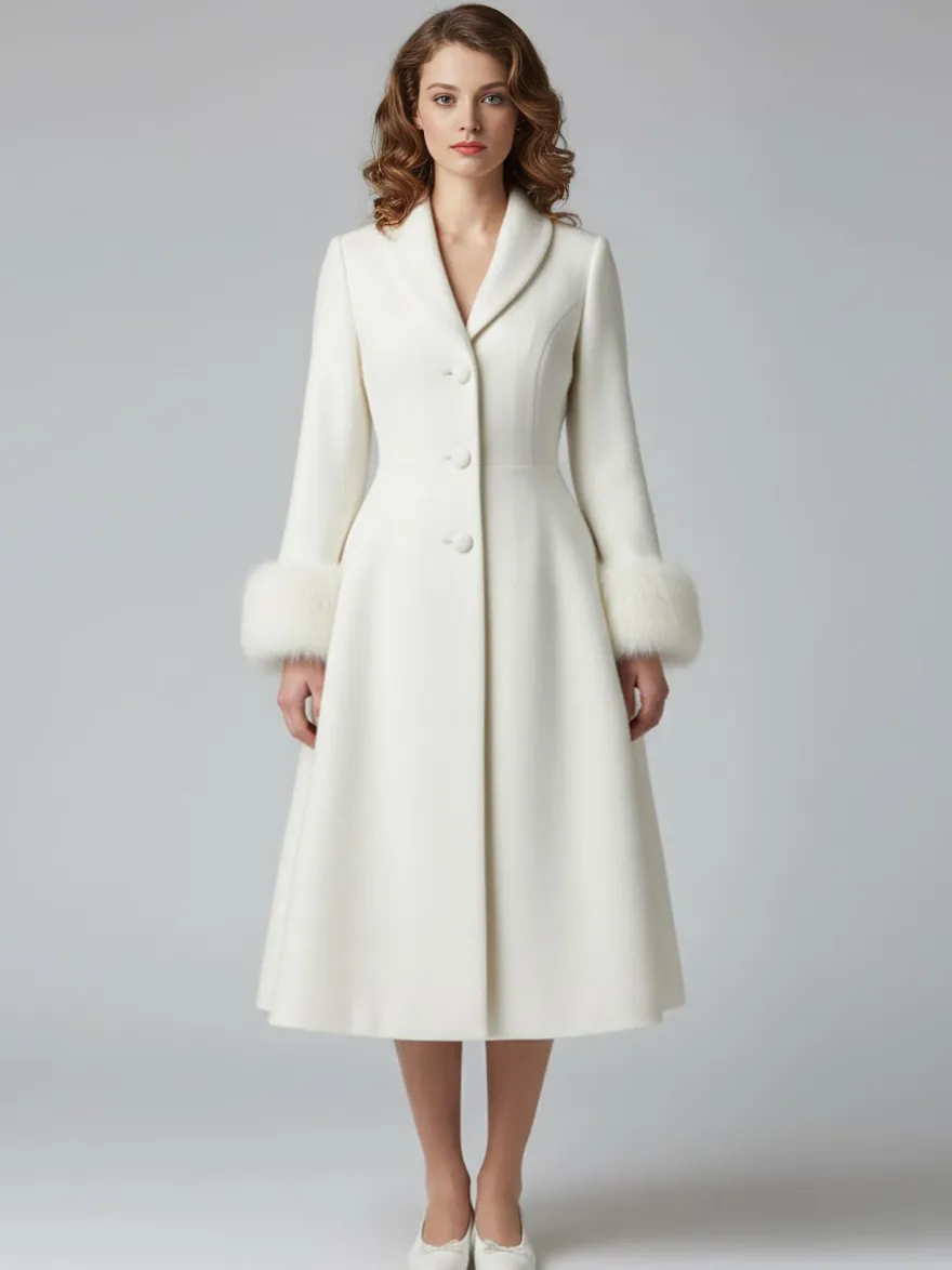 Manteau mi-long évasé en laine coupe trapèze vintage avec poignets amovibles en fausse fourrure blanche (collection 2026)