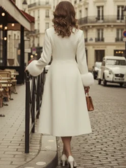 Manteau mi-long évasé en laine coupe trapèze vintage avec poignets amovibles en fausse fourrure blanche (collection 2026)
