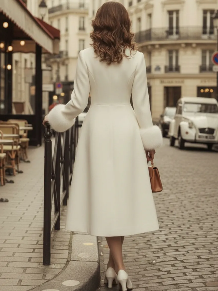 Manteau mi-long évasé en laine coupe trapèze vintage avec poignets amovibles en fausse fourrure blanche (collection 2026)