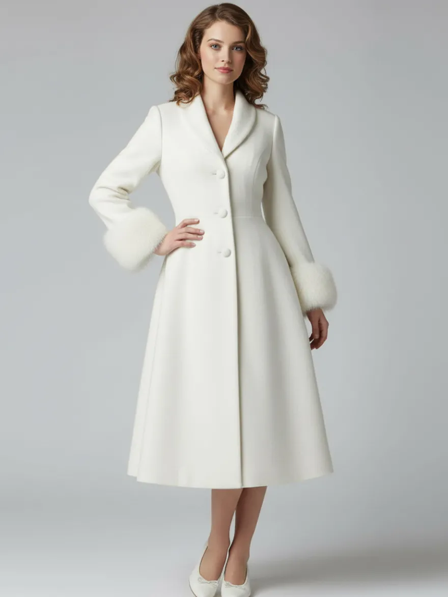 Manteau mi-long évasé en laine coupe trapèze vintage avec poignets amovibles en fausse fourrure blanche (collection 2026)