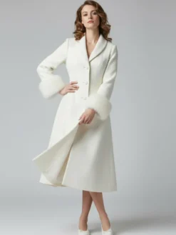 Manteau mi-long évasé en laine coupe trapèze vintage avec poignets amovibles en fausse fourrure blanche (collection 2026)